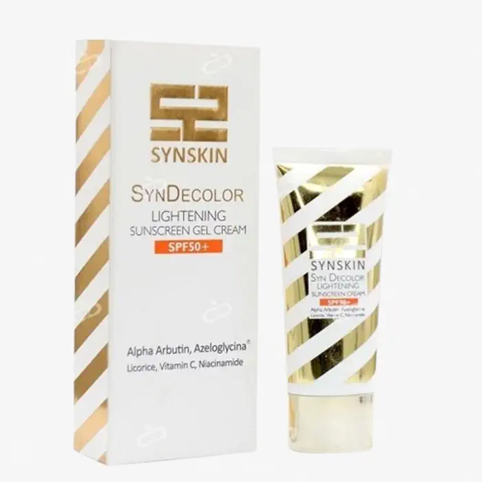 کرم ژل ضد آفتاب روشن کننده ساین اسکین، مدل Syn Decolor، بی رنگ با SPF50، مناسب انواع پوست